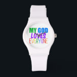 Mein Gott Liebe alle Armbanduhr<br><div class="desc">Mein Gott Liebe jeden. Ein tolles Geschenk für einen schwulen Christlichen oder jemanden,  der an einen höheren Power glaubt,  der alle Menschen,  schwul oder geradewegs,  Liebe hat. Hübscher Regenbogentext.</div>