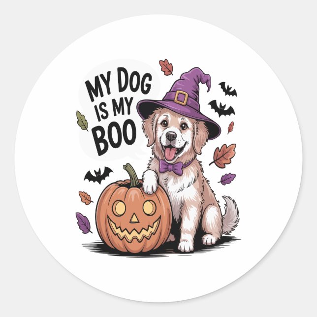 Mein Hund ist mein Boo Halloween Runder Aufkleber (Vorderseite)