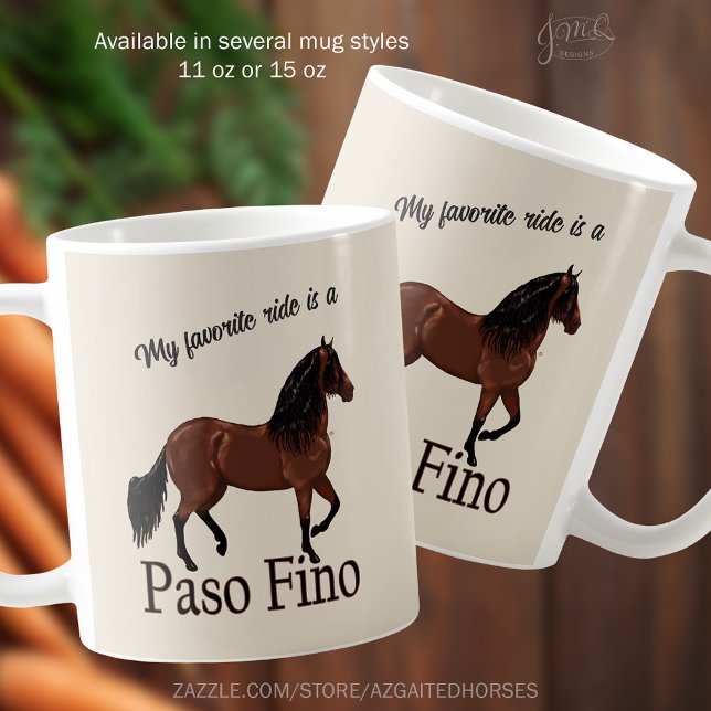 Mein Lieblingsritt ist ein Paso Fino Pferderennen Kaffeetasse (Beige ceramic mug with illustration of a Paso Fino horse and text “My favorite ride is a Paso Fino")