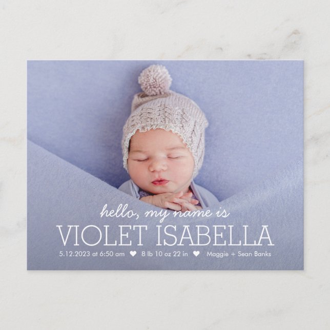 Mein Name Simple Baby Birth Announction Postcard Postkarte (Vorderseite)