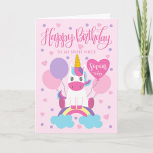 Mein Nichte 7. Geburtstag Einhorn sitzend auf Rege Karte