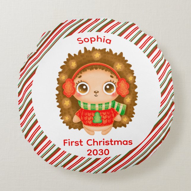 Mein niedlicher Name für das erste Weihnachts-Mädc Rundes Kissen (Vorderseite)