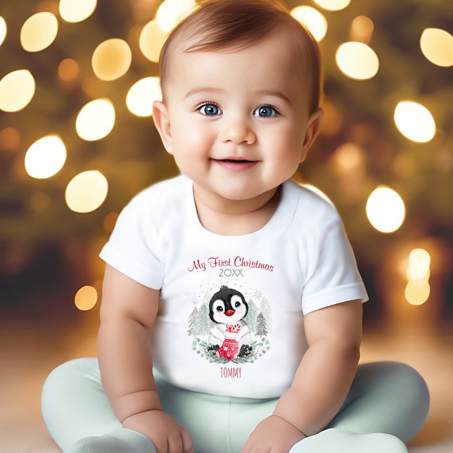 Mein Personalisierter Name für den ersten Weihnach Baby T-shirt (My First Christmas Penguin Personalized Name Baby T-Shirt)