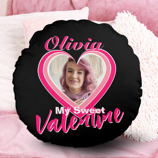 Mein süßes Valentinsherz Foto Name Pink Schwarz Rundes Kissen