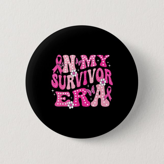 Mein Überlebender Era Pink Groovy Retro Brustkrebs Button (Vorderseite)