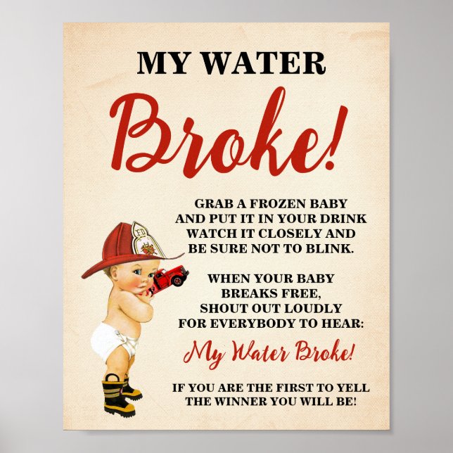 Mein Wasser Broke Kleiner Feuerwehrmann Baby Dusch Poster (Vorne)