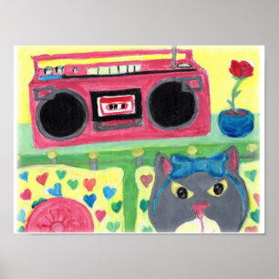 Mein Zimmer Boombox Girl Cat Folk Art Niedlich Tee Poster