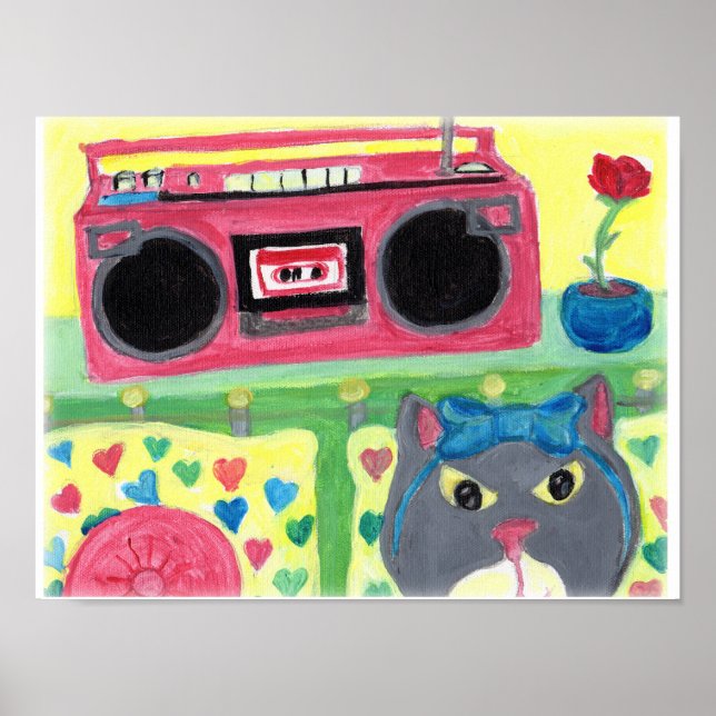 Mein Zimmer Boombox Girl Cat Folk Art Niedlich Tee Poster (Vorne)