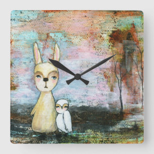 Meine beste Freundin Whimsical Kaninchen Owl Woodl Quadratische Wanduhr
