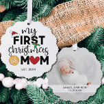 Meine erste Weihnachtszeit als Mutter mit Namen un Ornament Karte<br><div class="desc">Zeigen Sie Ihr Glück für Ihre erste Weihnachtszeit als Mutter mit diesem schönen ersten Weihnachtsschmuck mit einer roten Weihnachtsmannmütze,  heiligen Blätter und farbenfrohen Weihnachtslichtern dekoriert. Einfach mit dem Namen und Geburtsdatum Ihres Babys und einem Ihrer Lieblingsfotos auf der Rückseite anpassbar.</div>