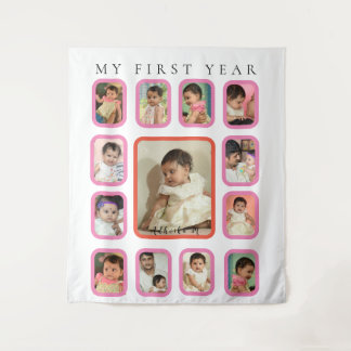 Meine ersten 12 Monate Baby-Fotocollage Wandteppich