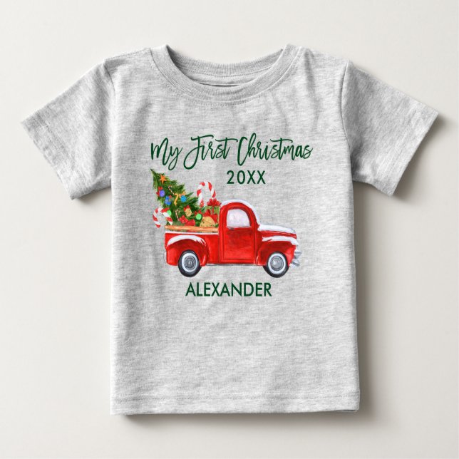 Meine ersten Weihnachts Red Truck Candy Canes Grau Baby T-shirt (Vorderseite)