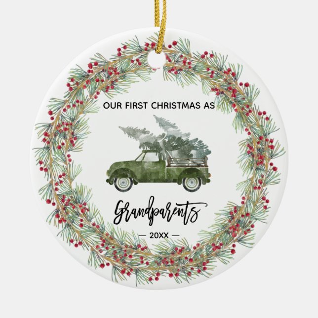 Meine ersten Weihnachtsgroßeltern LKW Greenery Keramik Ornament (Vorne)