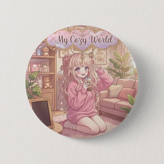 Meine gemütliche Welt: Kawaii Anime Mädchen Zimmer Button (Vorderseite)