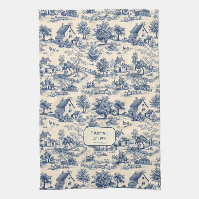 Meine Hütte Cobalt und Cream Toile de Jouy Geschirrtuch (Vertikal)