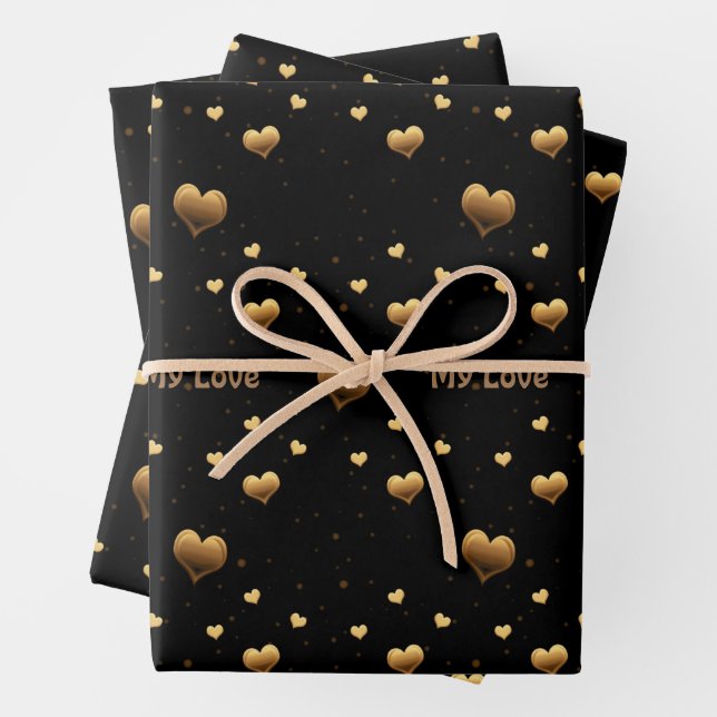 Meine Liebe Elegant Gold Hearts on Black Geschenkpapier Set (Beispiel)