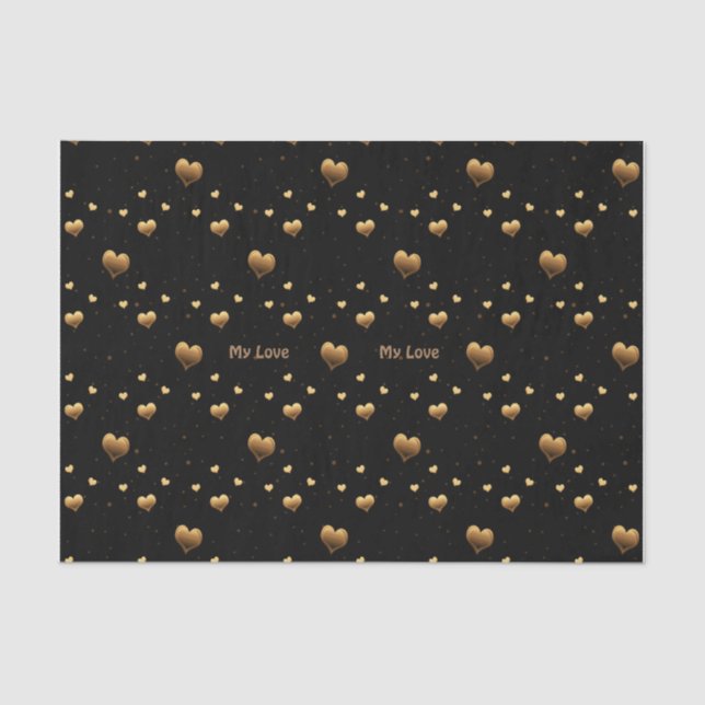 Meine Liebe Elegant Gold Hearts on Black Seidenpapier (Vorderseite)
