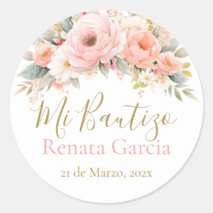 Meine Taufe rosa Blumen Runder Aufkleber