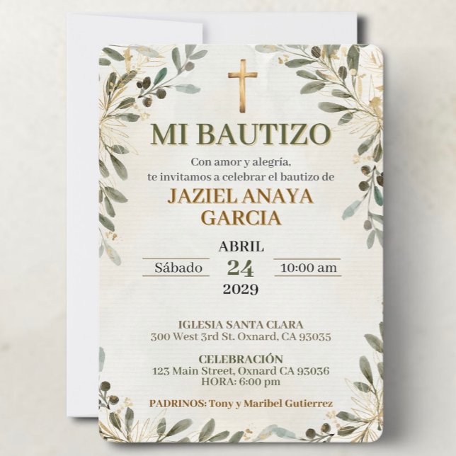 Meine Taufeinladung für Jungen oder Mädchen Einladung ( Mi Bautizo invitation for boy or girl with neutral botanical design and Catholic baptism details)
