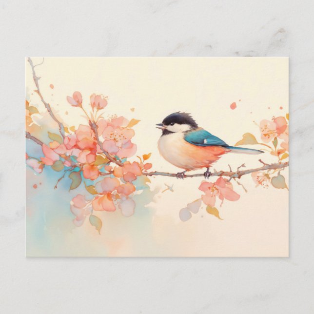 Meise auf rosa blühendem Frühlingszweig Postkarte (Vorderseite)