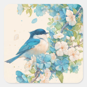 Meisen-Serenade unter blauen Blüten Quadratischer Aufkleber