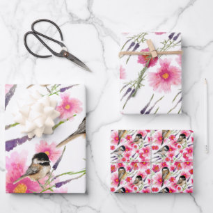 Meisen-Wasserfarben-Blumen-Dekoupage-Geschenk Geschenkpapier Set