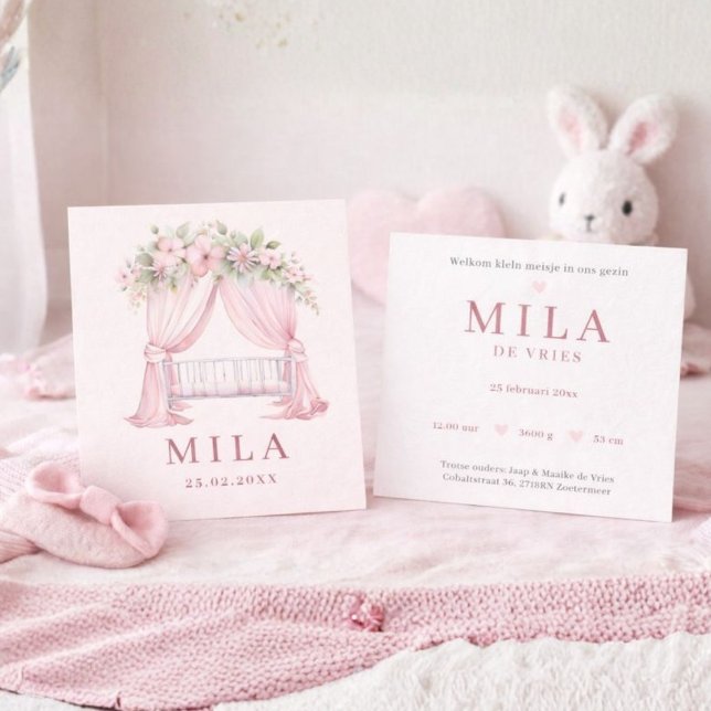 Meisje Roze Wieg Bloemen Waterverf Geboorte Karte (Von Creator hochgeladen)