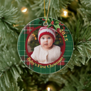 Meist grün kariert   Baby's erstes Weihnachtsfoto Keramik Ornament