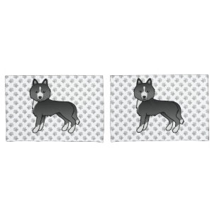 Meist schwarzer sibirischer Husky-Cartoon-Hund und Kissenbezug