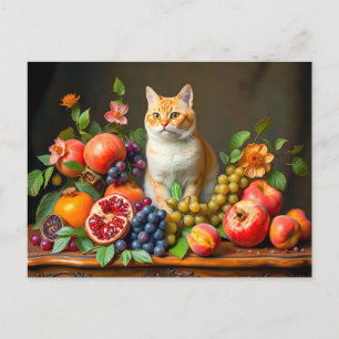 Meisterhafte Katze zwischen Früchten und Blumen Postkarte