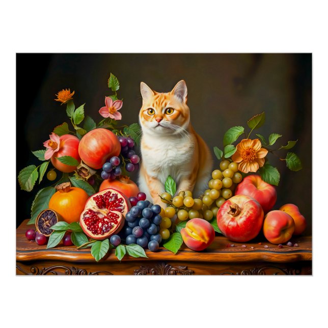 Meisterkatze unter Obst und Blume Poster (Vorderseite)
