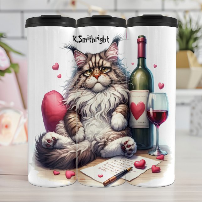 Melancholie Katze mit Wein und Liebe Brief Thermosbecher (Von Creator hochgeladen)