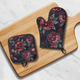 Melancholische Blumen Watercolor Dunkelrotes Muste Ofenhandschuh & Topflappen-Set