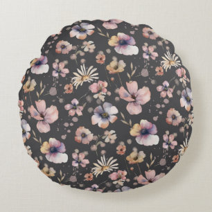 Melancholische Boho-Wasserfarbe-Rosé-Wildblumen-Mu Rundes Kissen