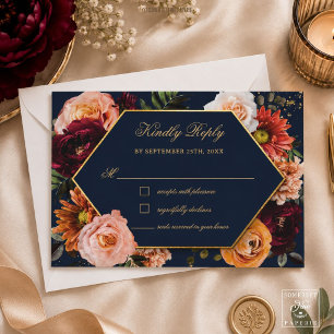 Melancholische Burgunderorange-Rost-Navy-Blumenhoc RSVP Karte