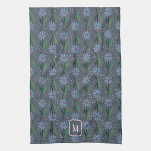 Melancholische Retro Blaue Daisy Cottagecore Monog Geschirrtuch