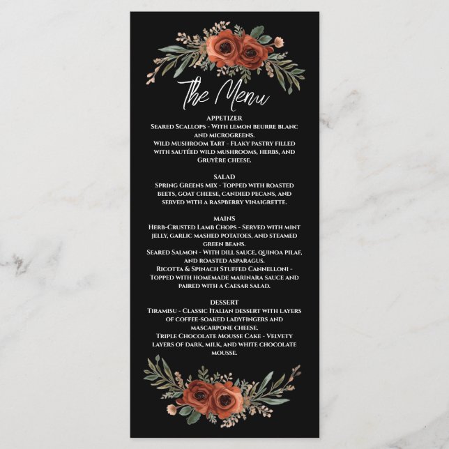 Melancholische Terrakotta-Boho-Blumen Menükarte (Vorderseite)