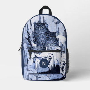 Melancholische Vintage-Eulen Navy und Blau Monogra Bedruckter Rucksack
