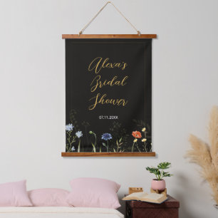 Melancholische Wildblumen-Boho-Botanik Wandteppich Mit Holzrahmen