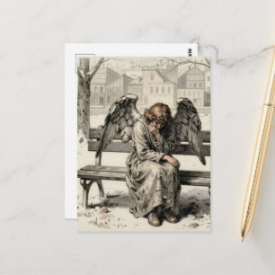 Melancholischer Engel in einem schneebedeckten Sta Postkarte