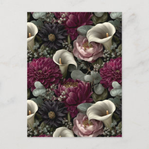 Melancholisches Blumenmuster mit Dahlien und Calla Feiertagspostkarte