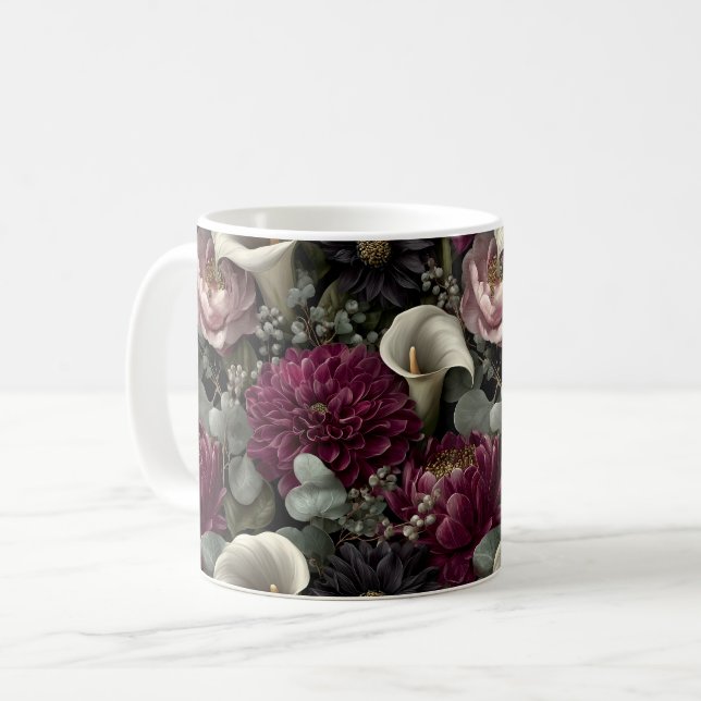 Melancholisches Blumenmuster mit Dahlien und Calla Kaffeetasse (Vorderseite Links)