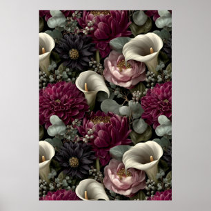 Melancholisches Blumenmuster mit Dahlien und Calla Poster