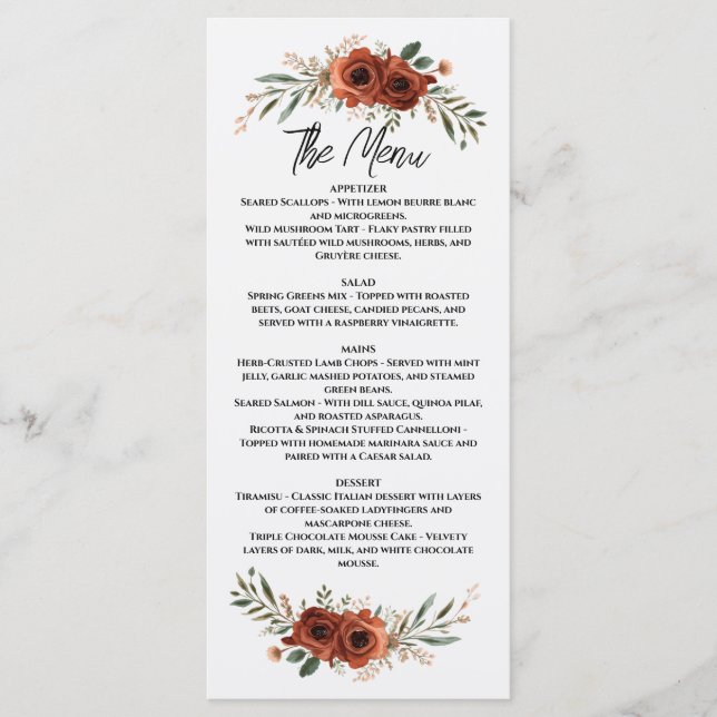 Melancholisches Terrakotta-Boho-Blumenmuster Menükarte (Vorderseite)