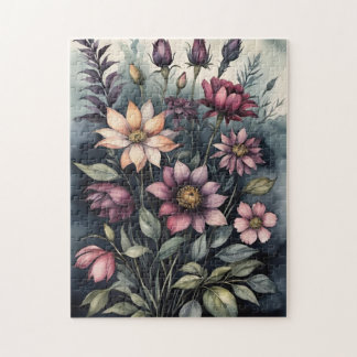 Melancholisches Vintage-Botanik-Aquarell-Blumenmus Puzzle