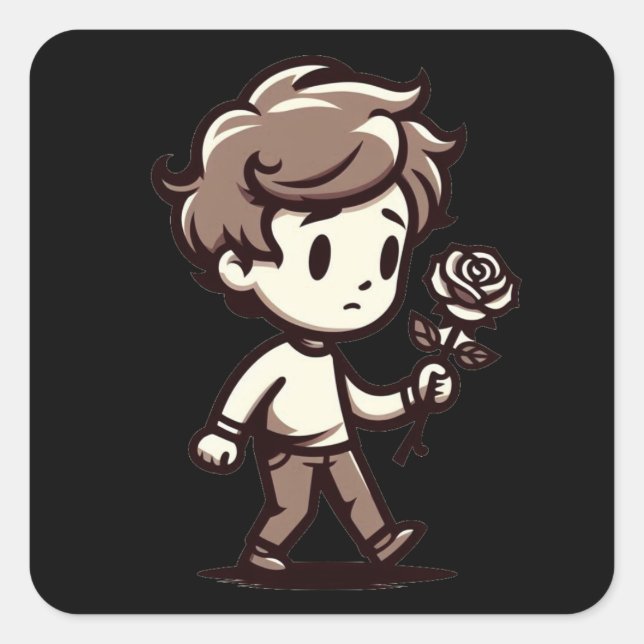 Melancholy Boy mit Rose Quadratischer Aufkleber (Vorderseite)