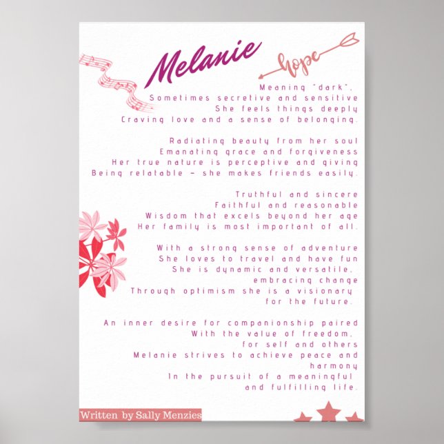 "Melanie" Name Gedicht Poster (Vorne)
