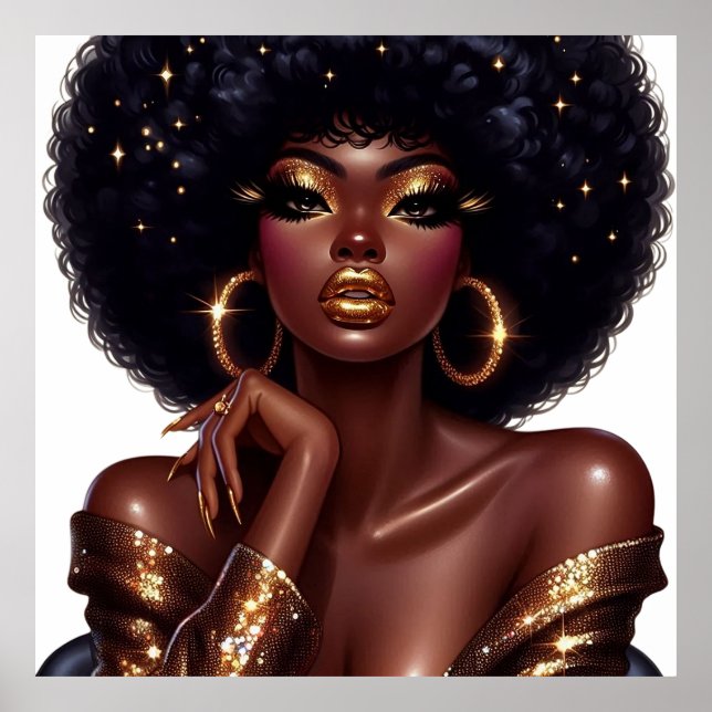 Melanin Chic Afro Beauty mit Gold Glam Akzente Poster (Vorne)