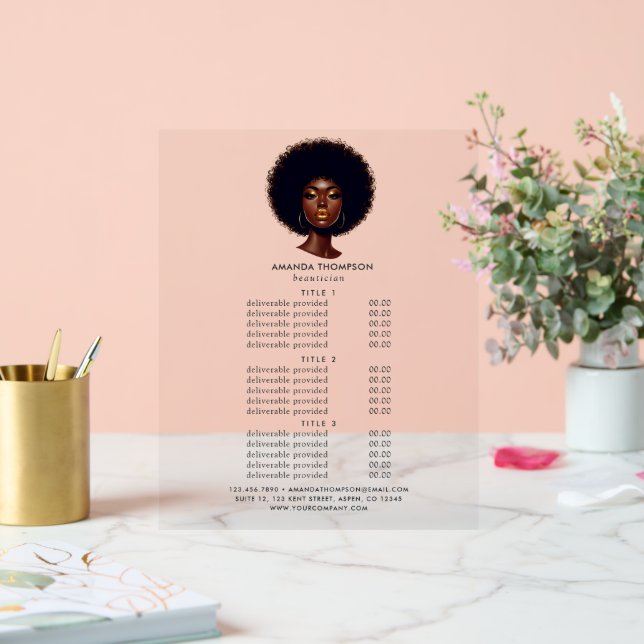 Melanin Chic Afro Hair Salon Preise und Dienstleis Acrylschild (Hochzeit)