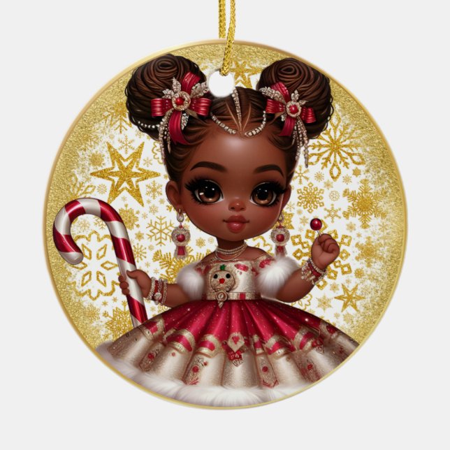 Melanin Christmas Girl Keramik Weihnachtsschmuck (Vorne)